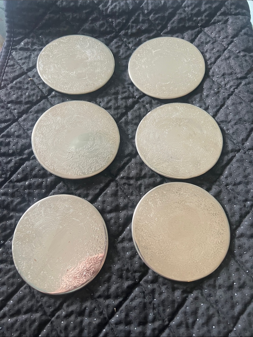 Vintage Silver Plated Etched Scroll Drink Coasters / Placemats - Set of 6